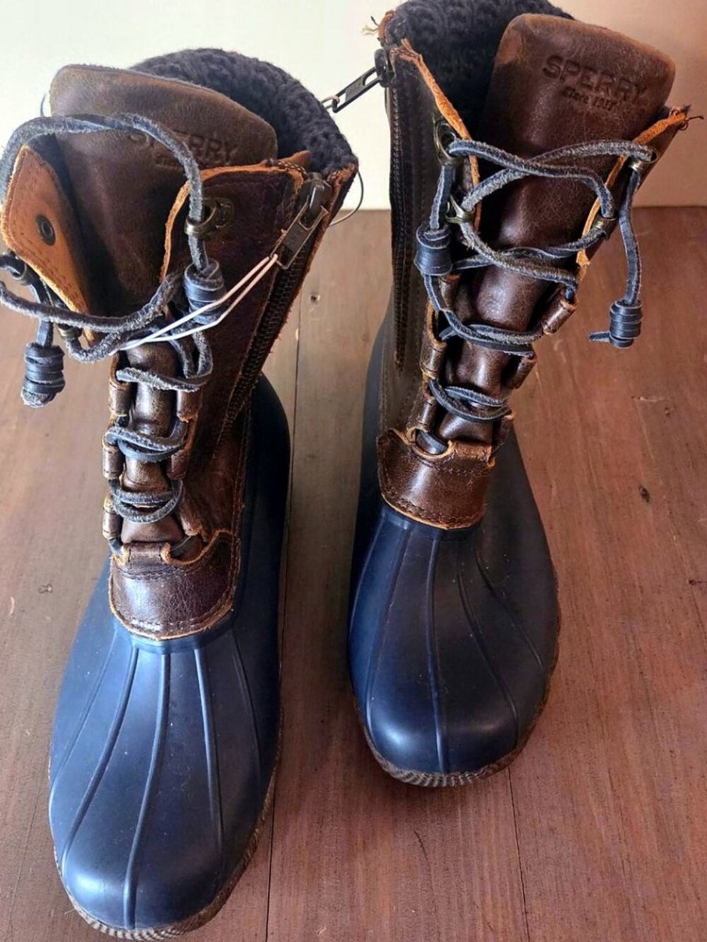 Sperry Saltwater Duck Boots Brown Navy Knit Cuff Waterproof Women's Size 8